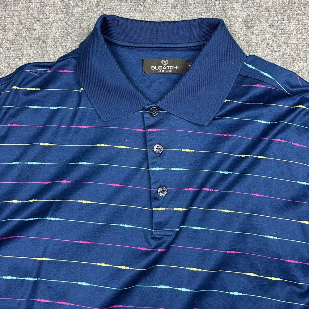 Bugatchi Uomo Polo Shirt Mens XL Navy Blue Striped Egyptian Cotton Short Sleeve